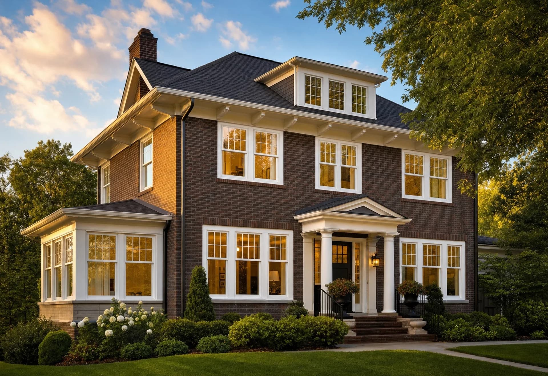 A bright St. Louis brick home fitted with new white replacement windows at golden hour